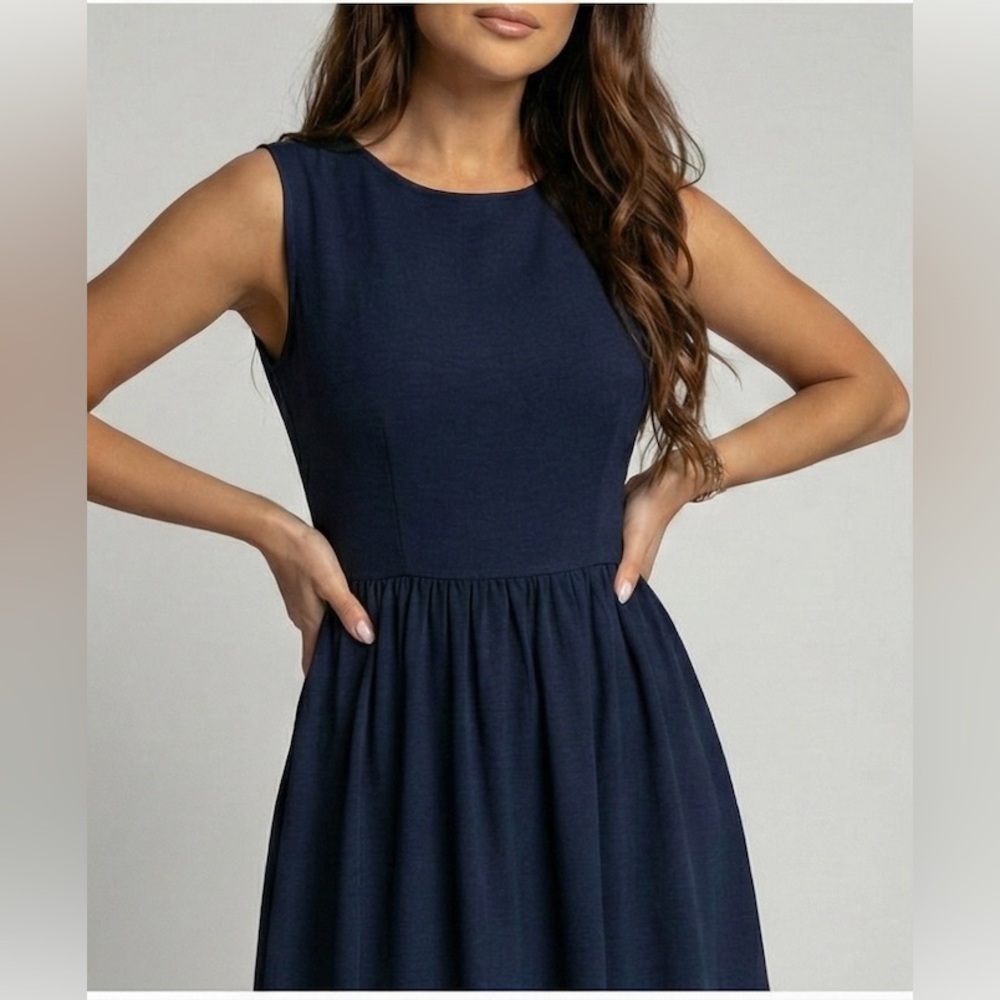 Gathered-Waist A-Line Maxi Dress With Pockets Blue - Picture 3 of 7
